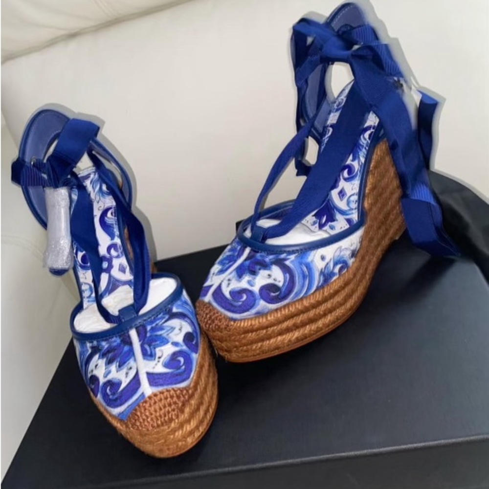 Dolce & Gabbana Blue and White Espadrille Wedges